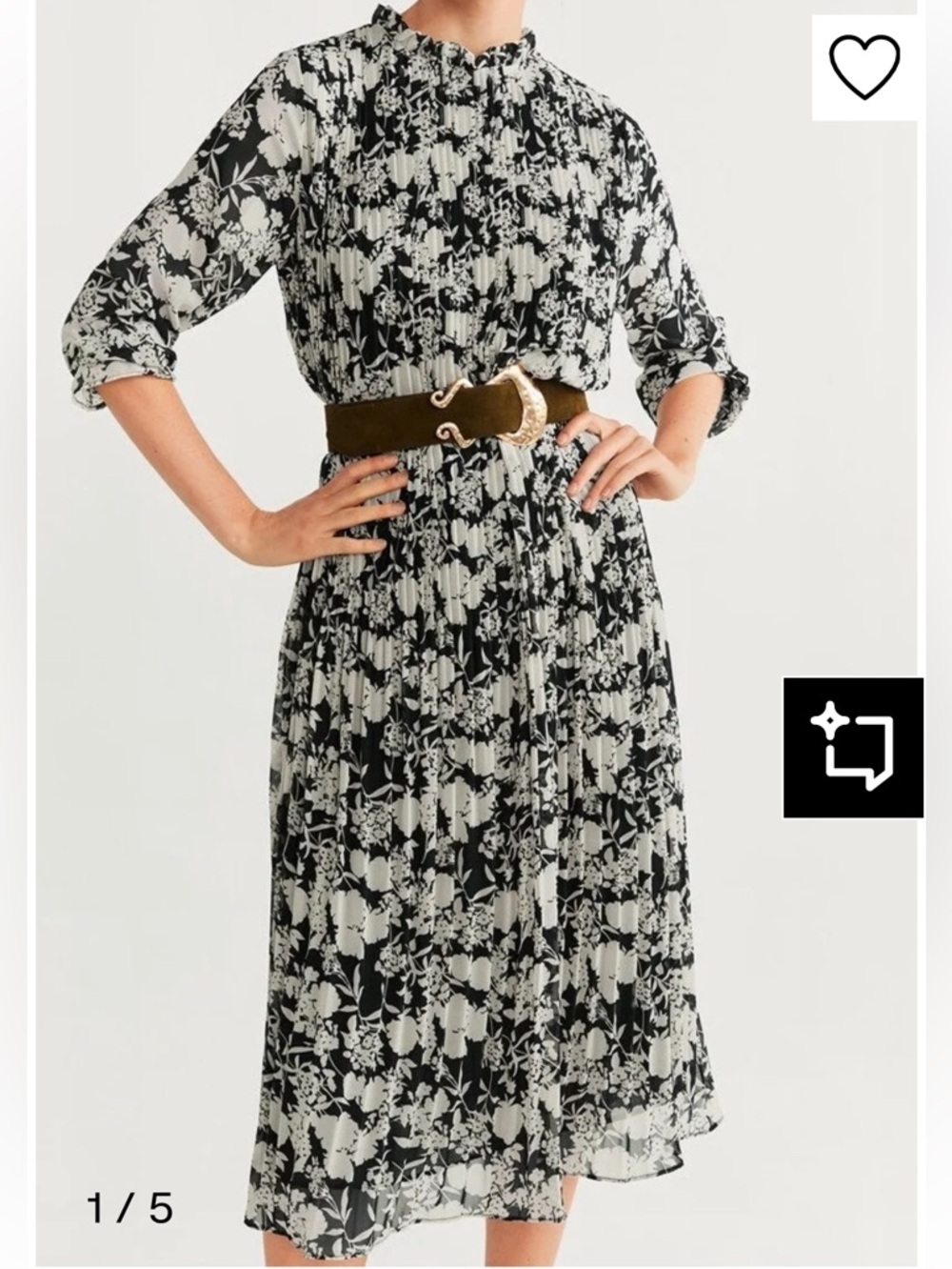 Mango Pleated Black & White Sheer Floral High Neck Midi Dress, Size 4